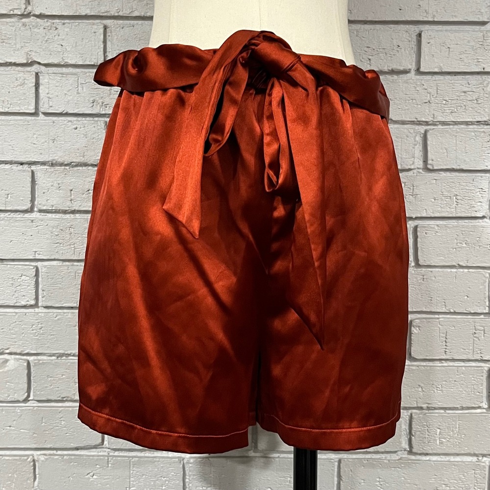 Allina Liu Webb Rust Satin Paperbag Waist Shorts Ruffle Old Money L